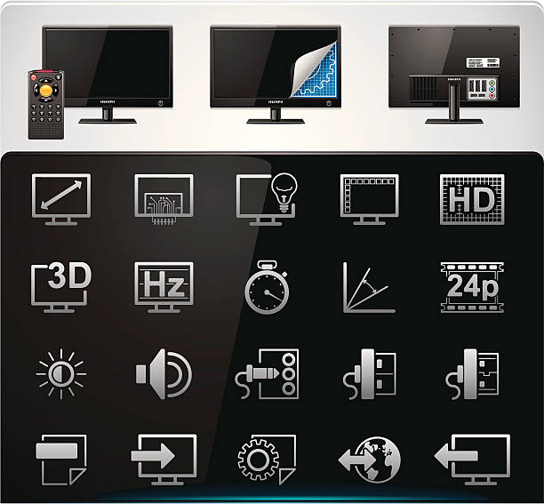 Set of icons depicting TV settings and features Icons representing tv parameters: front and rear view, settings and parameters (viewing angle, HD compatibility, screen dimensions, display type, contrast, brightness, color range, sound, response time, input/output, compatible file types, 3d etc) specifications icon stock illustrations