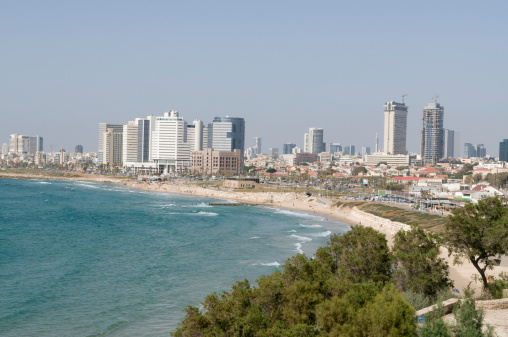 Tel Aviv cityscape from across the Mediterranean Sea.