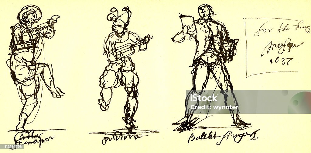 Характер эскизов для шекспировский, Inigo Jones, 1637 - Стоковые иллюстрации Уильям Шекспир роялти-фри