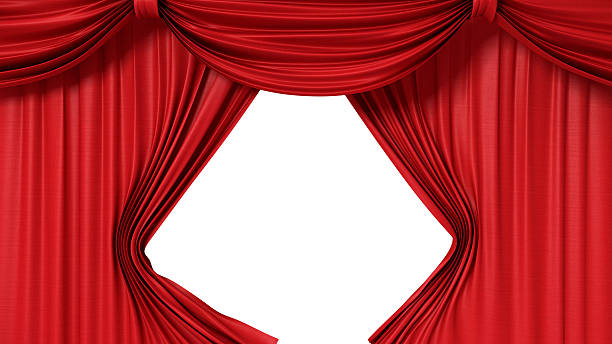istock Red curtain opening to a white background 112267324