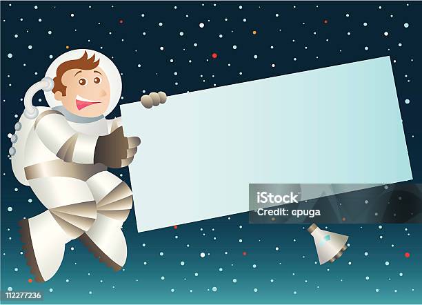 Astronauta Exploração Em Branco Sinal - Arte vetorial de stock e mais imagens de Afixar Cartaz - Afixar Cartaz, Astronauta, Banda desenhada - Produto Artístico