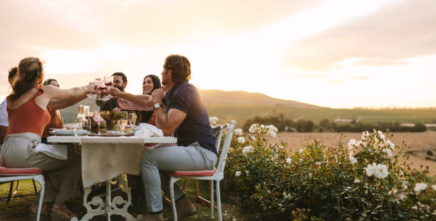 istock Group of friends toasting wine at dinner party 1124220366