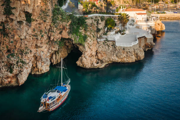 Antalya city and sea line with yacht in marina bay at sunset, Travel to Turkey