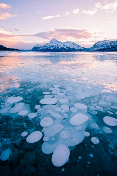 Methane Bubbles frozen in Abraham Lake, Clearwater County, Alberta, Canada