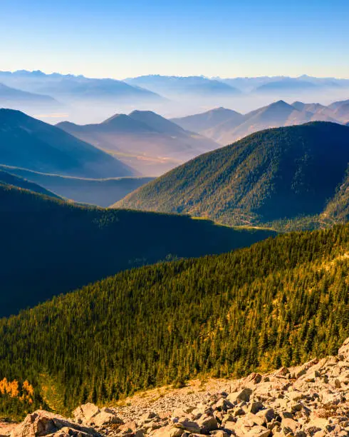 Expansive view of layered mountains from Pedley Pass near Invermere, British Columbia, Canada