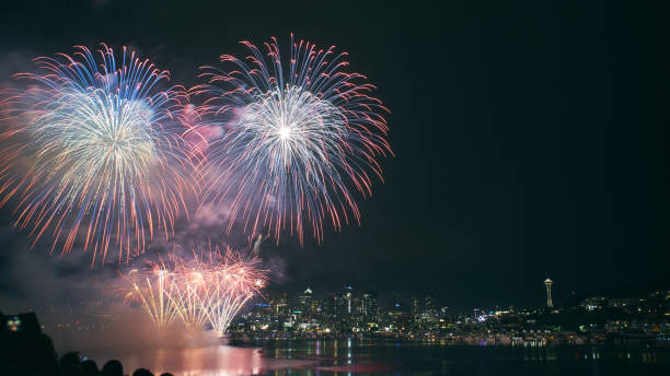 istock Fireworks over city skyline 1124222070
