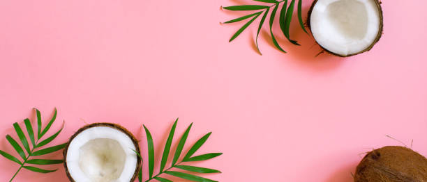 istock Pink tropical banner with coconut and palm leaves 1124223628