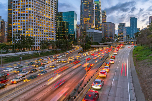 istock Los Angeles skyline and evening traffic 1124223710