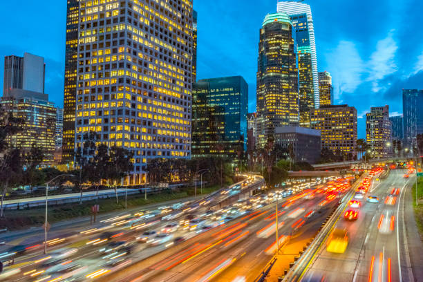 istock Los Angeles skyline and evening traffic 1124224306