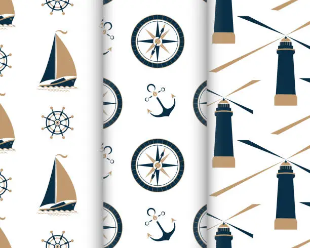 Vector illustration of Set of marine seamless patterns with ship, anchor, nautical compass, lighthouse, captain's wheel