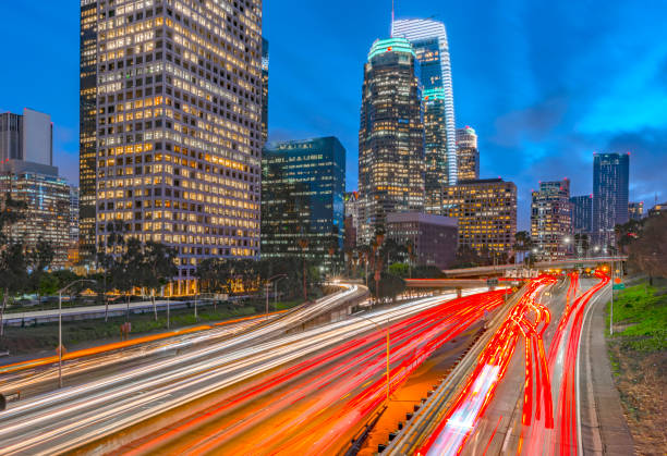istock Los Angeles skyline and evening traffic 1124225797