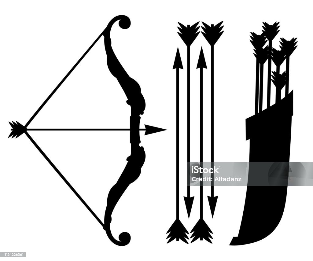 Black silhouette. Bow weapon with arrows and quiver. Wooden quiver. Medieval and fantasy weapon. Flat vector illustration isolated on white background Black silhouette. Bow weapon with arrows and quiver. Wooden quiver. Medieval and fantasy weapon. Flat vector illustration isolated on white background. Archery stock vector