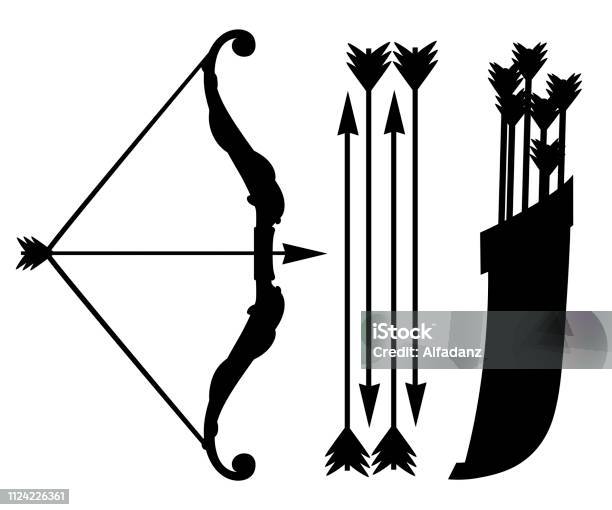 Black Silhouette Bow Weapon With Arrows And Quiver Wooden Quiver Medieval And Fantasy Weapon Flat Vector Illustration Isolated On White Background Stock Illustration - Download Image Now