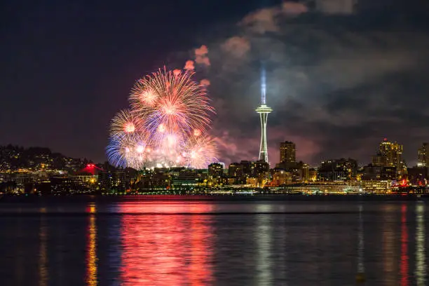 Photo of Lake Union 4th of July Fireworks and the Seattle skyline, as seen from across Elliott Bay at Seacrest Park in West Seattle, WA, USA