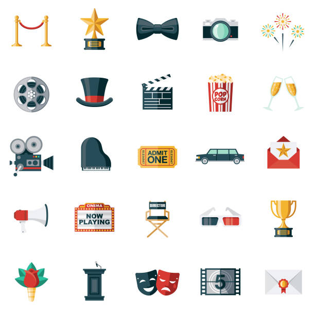 ilustraciones, imágenes clip art, dibujos animados e iconos de stock de conjunto de iconos de diseño plano de película - color tipo de imagen ilustraciones