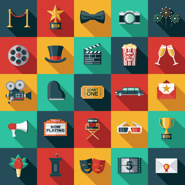 Movie Flat Design Icon Set A set of icons. File is built in the CMYK color space for optimal printing. Color swatches are global so it’s easy to edit and change the colors. ritual mask stock illustrations