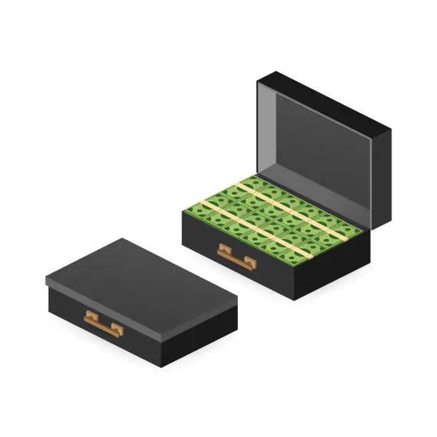 Vector illustration of Open portfolio with money, suitcase with money, gold coin and cash in open case isometric. Vector illustration.