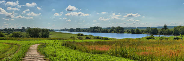 Summer panorama with a river and a wooden path