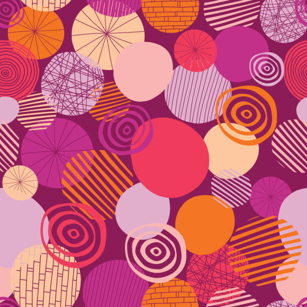 Doodle circles vector seamless pattern. Abstract geometric dots background. Geometric shapes pink, orange, coral, and peach on a black background. Young fresh modern design for women and girls Doodle circles vector seamless pattern. Abstract geometric dots background. Geometric shapes pink, orange, coral, and peach on a black background. Young fresh modern design for women and girls. drawing of pink and black polka dot wallpaper stock illustrations