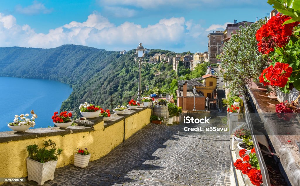 Scenic sight in Castel Gandolfo, with the Albano lake, in the province of Rome, Lazio, central Italy. Rome - Italy Stock Photo
