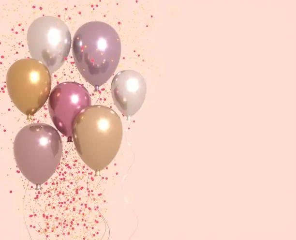 Photo of Set of pink and golden glossy balloons with sparkles, party background. 3D render for birthday, party, wedding or promotion banners or posters. Vivid and realistic illustration.