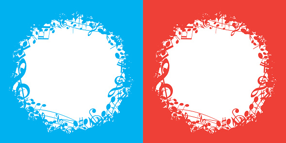 blue and red vector music backgrounds with white center and musical notes