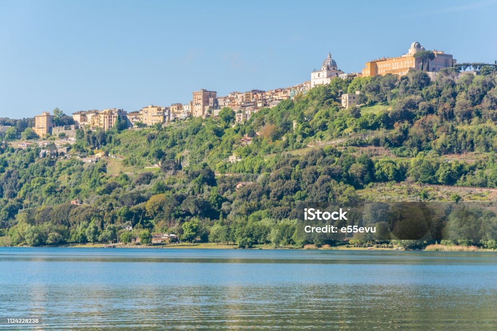 Panoramic view of Albano Lake coast, Rome Province, Latium, central Italy Lake Stock Photo