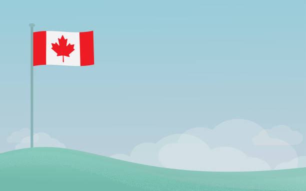 kanadische flagge auf einem pfahl vor blauem himmelshintergrund mit exemplar winken - canadian flag stock-grafiken, -clipart, -cartoons und -symbole