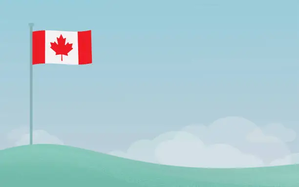 Vector illustration of Canadian flag waving on a pole against blue sky background with copyspace
