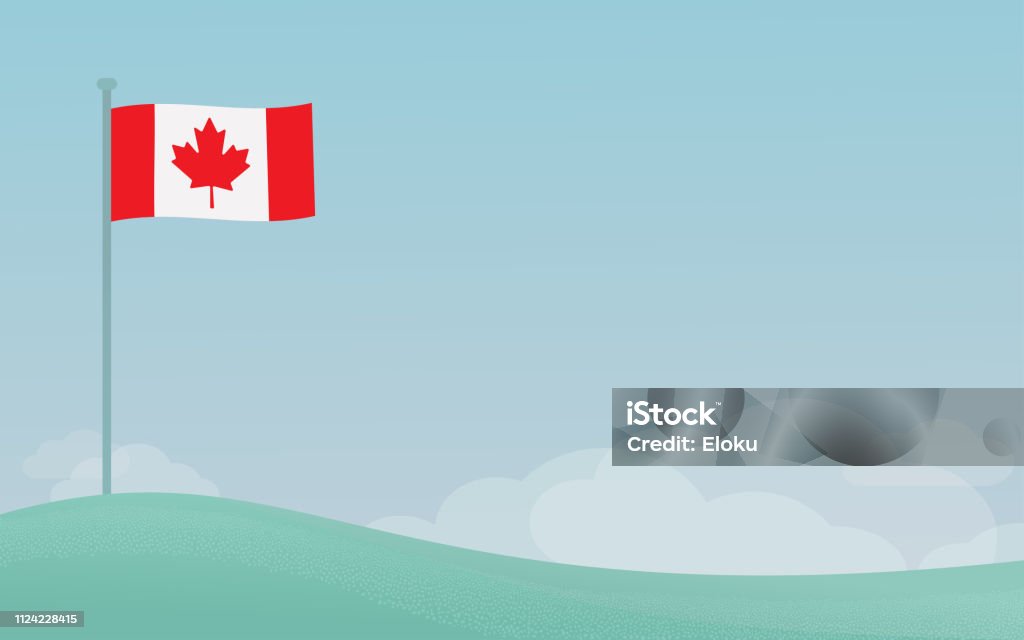 加拿大國旗在藍天背景下的電線杆上揮舞著模仿空間 - 免版稅加拿大國旗圖庫向量圖形