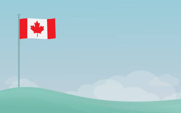加拿大國旗在藍天背景下的電線杆上揮舞著模仿空間 - 旗杆 幅插畫檔、美工圖案、卡通及圖標
