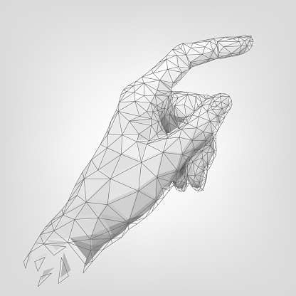 Structure polygonal human hand, index finger, wireframe robot palm