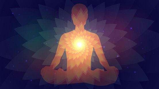 Silhouette of human sitting in the lotus position on fractal background. Meditation, yoga, trans