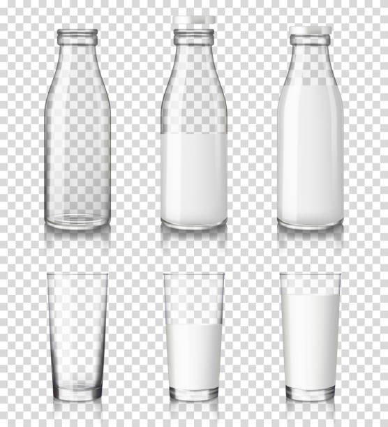 ilustraciones, imágenes clip art, dibujos animados e iconos de stock de los vidrios transparentes realista y botellas con una leche, aislado sobre fondo transparente. - milk bottle milk bottle empty