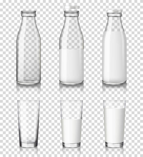 реалистичные прозрачные стаканы и бутылки с молоком, изолированные на прозрачном фоне. - milk bottle stock illustrations