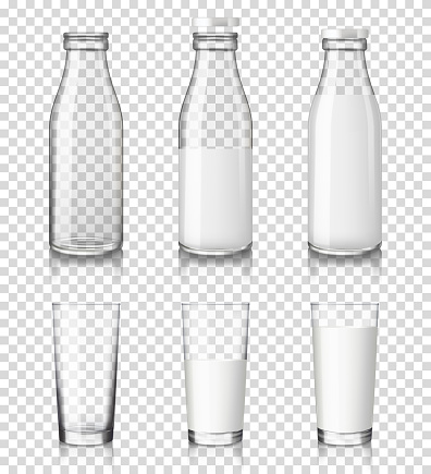 Realistic transparent glasses and bottles with a milk, isolated on transparent background.