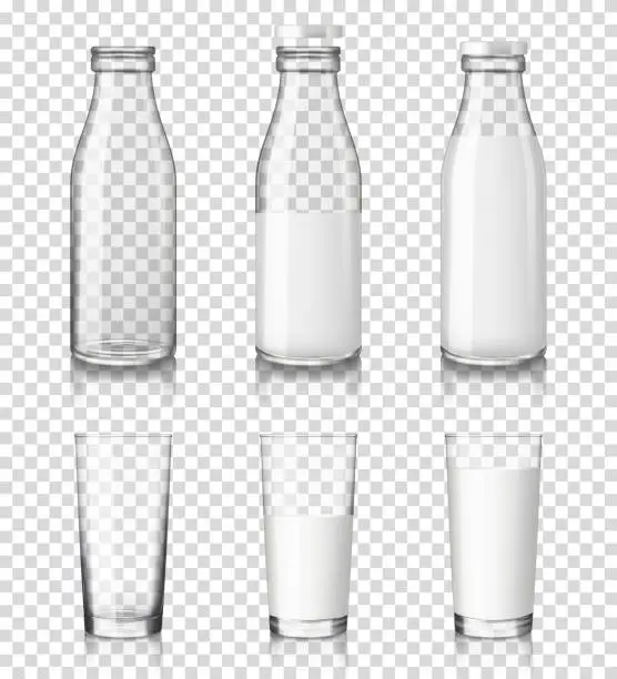 Vector illustration of Realistic transparent glasses and bottles with a milk, isolated on transparent background.