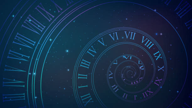 Spiral clock. Time, eternity metaphor Background with spiral dial, clock in space. Time, eternity, universe metaphor time designs stock illustrations