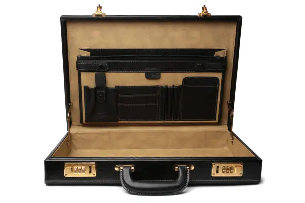 Black leather business briefcase on white background