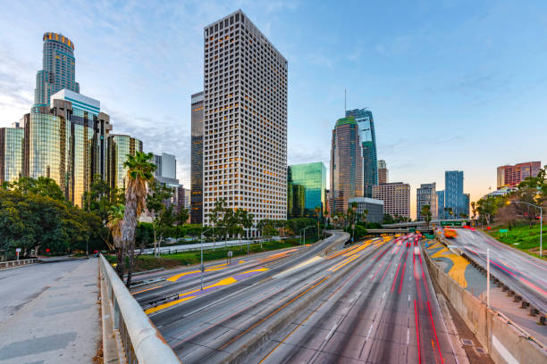istock Los Angeles skyline and evening traffic 1124233402