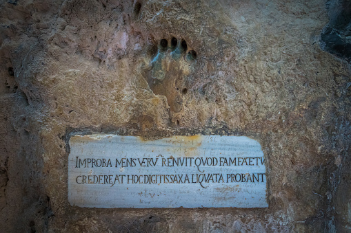The Turkish hand imprint in the Montagna Spaccata Sanctuary in Gaeta, province of Latina, Lazio, central Italy.