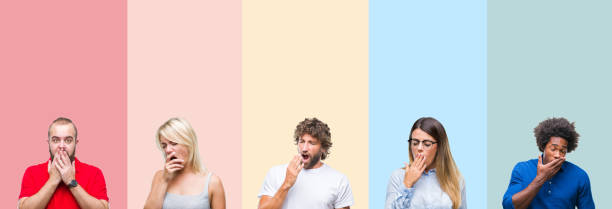 Collage of group of young people over colorful vintage isolated background bored yawning tired covering mouth with hand. Restless and sleepiness. Collage of group of young people over colorful vintage isolated background bored yawning tired covering mouth with hand. Restless and sleepiness. yawning stock pictures, royalty-free photos & images