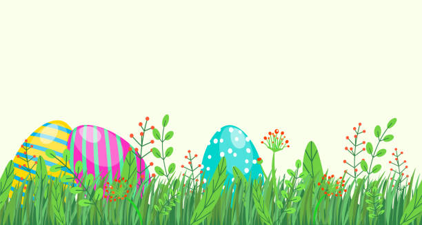 ilustrações, clipart, desenhos animados e ícones de fronteira sem emenda de páscoa com ovos, grama de primavera e elementos florais, flores isoladas em luz de fundo em estilo minimalista - red easter blue frame