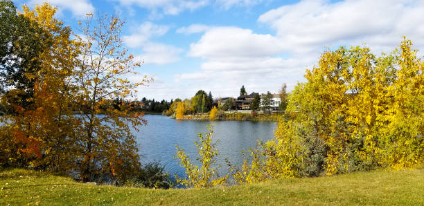 Lake surrounded by trees in yellow Autumn colors