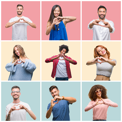 Collage of group of young people woman and men over colorful isolated background smiling in love showing heart symbol and shape with hands. Romantic concept.