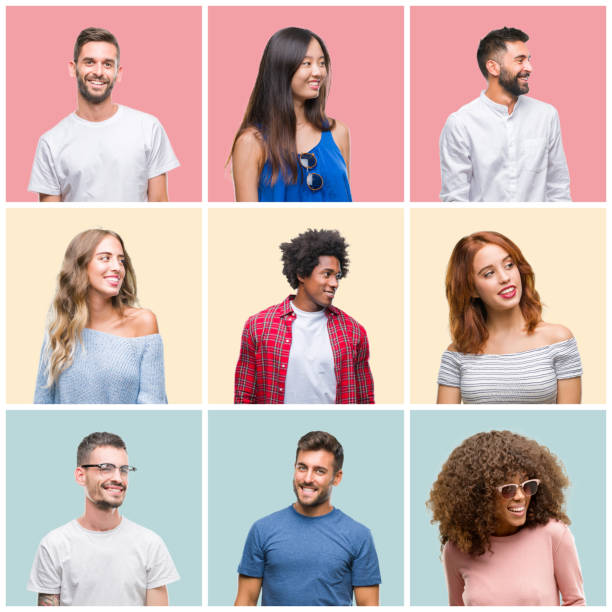 collage di un gruppo di giovani donne e uomini su sfondo isolato colorato che distoccino di distanza da un lato all'altro con sorriso sul viso, espressione naturale. ridendo fiducioso. - gruppo medio di persone foto e immagini stock