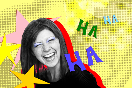 Young woman laughing fun colorful graphic collage with bright colors and halftone background.