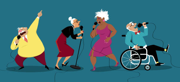 Karaoke at retirement home Senior people singing karaoke, four characters, EPS 8 vector illustration old people dancing stock illustrations