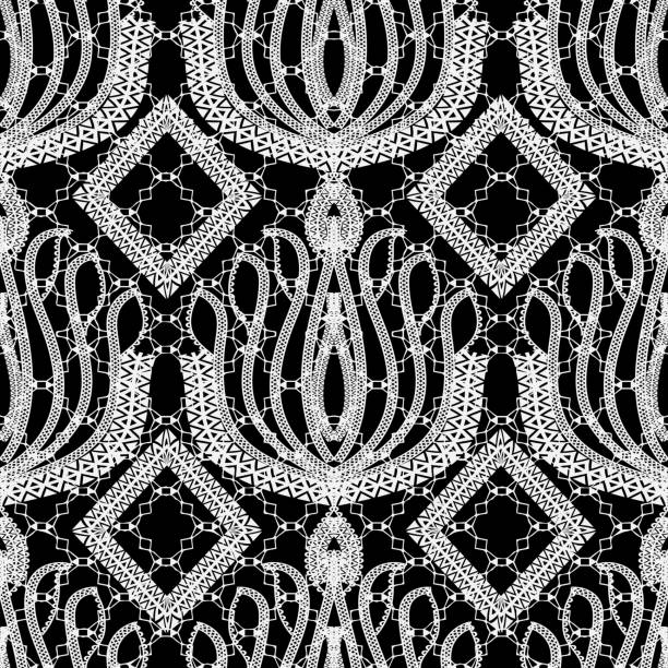 istock Lace ornamental black and white ethnic vector seamless pattern. Hand drawn tribal style line art tracery floral ornament. Repeat geometric monochrome lacy backdrop. Patterned elegant ornate background 1124244295