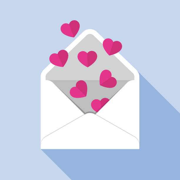 Heart Envelope Open Icon Flat Vector illustration of hearts coming out of an envelope against a blue background in flat style. pink envelope stock illustrations